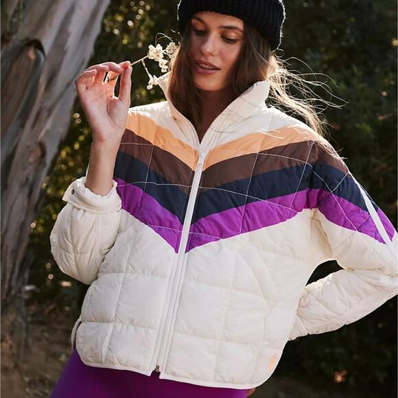 NEW Free People Hatch Printed Puffer Jacket Ivory Chevron Combo Maternity SMALL - Picture 2 of 13